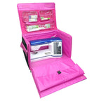 Tutto 29-inch EZ-Glide Trolley sewing machine case, pink interior with clear pockets and a Brother sewing machine inside.