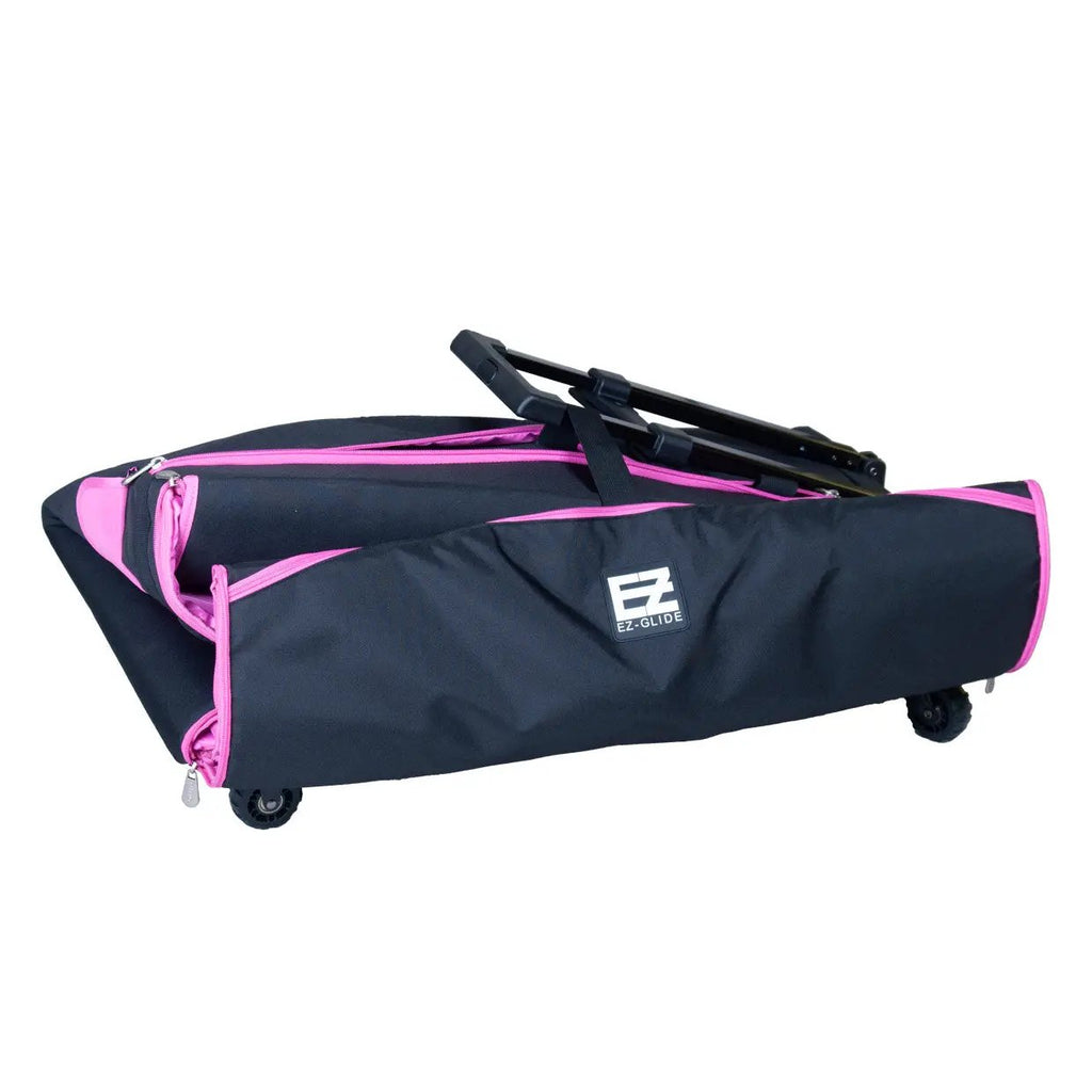 Tutto 29in EZ-Glide trolley bag for craft machines, black with pink trim and wheels.