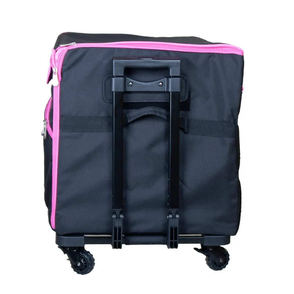 29-inch EZ-Glide trolley bag by Tutto in black with pink zipper accents on wheels.