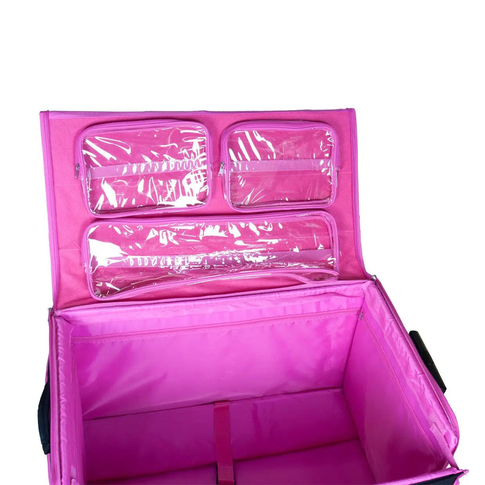 Tutto 29in EZ-Glide Trolley pink craft machine case with clear plastic pockets