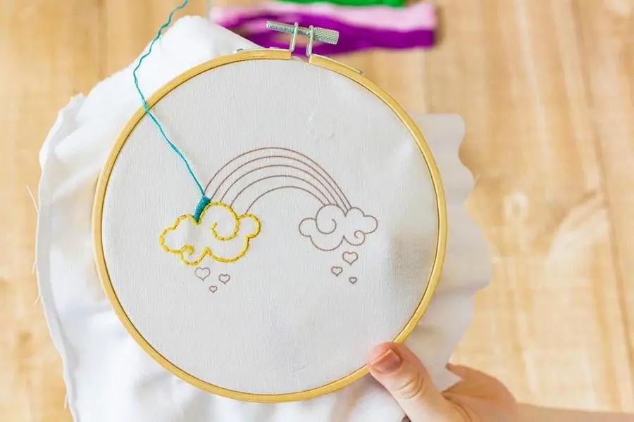 Threaders Embroidery Transfer Sheets — Fantasy; rainbow with clouds on white fabric in a wooden hoop