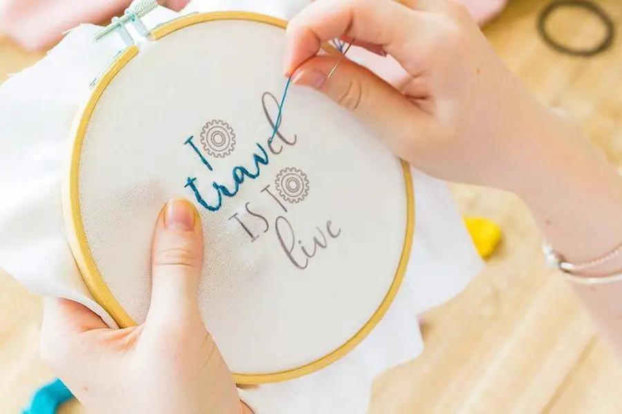 Threaders Traveller embroidery transfer sheets in a hoop; white fabric with blue stitching and wooden hoop.