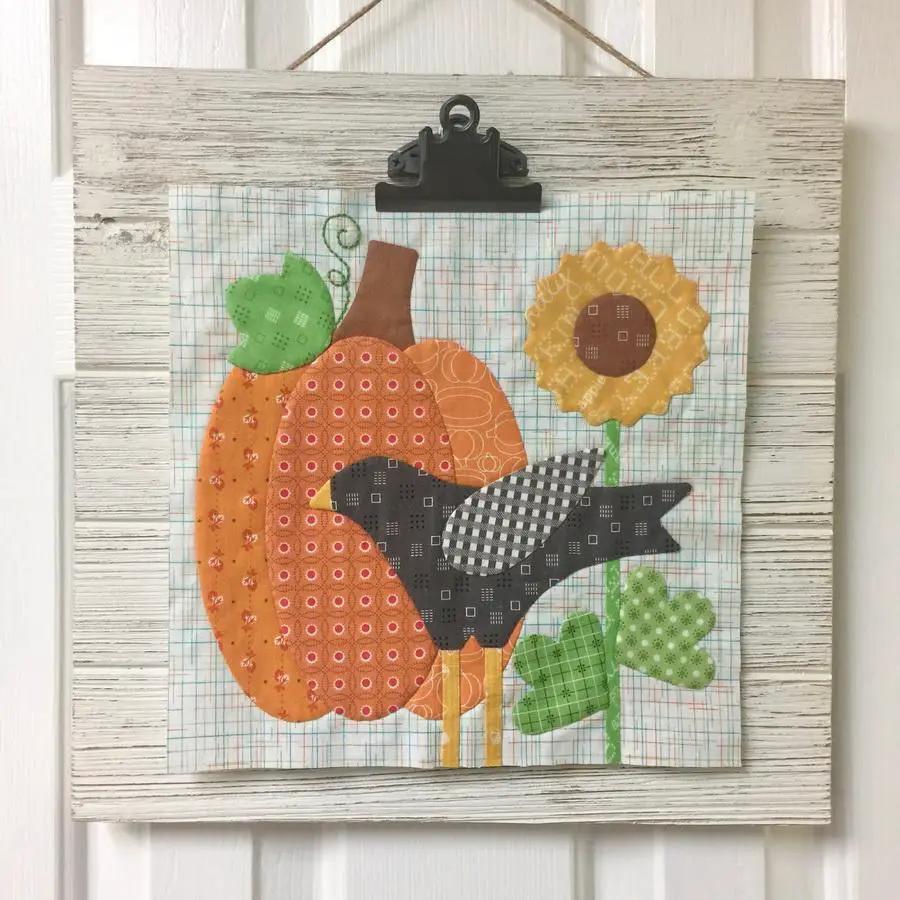 Autumn Love Sew Along Kit, Riley Blake Designs wall-hanging quilt with pumpkin, crow and sunflower appliqués