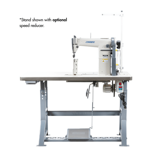 Consew 228R-11-1 high-speed post-type single-needle lockstitch industrial sewing machine on an assembled table.