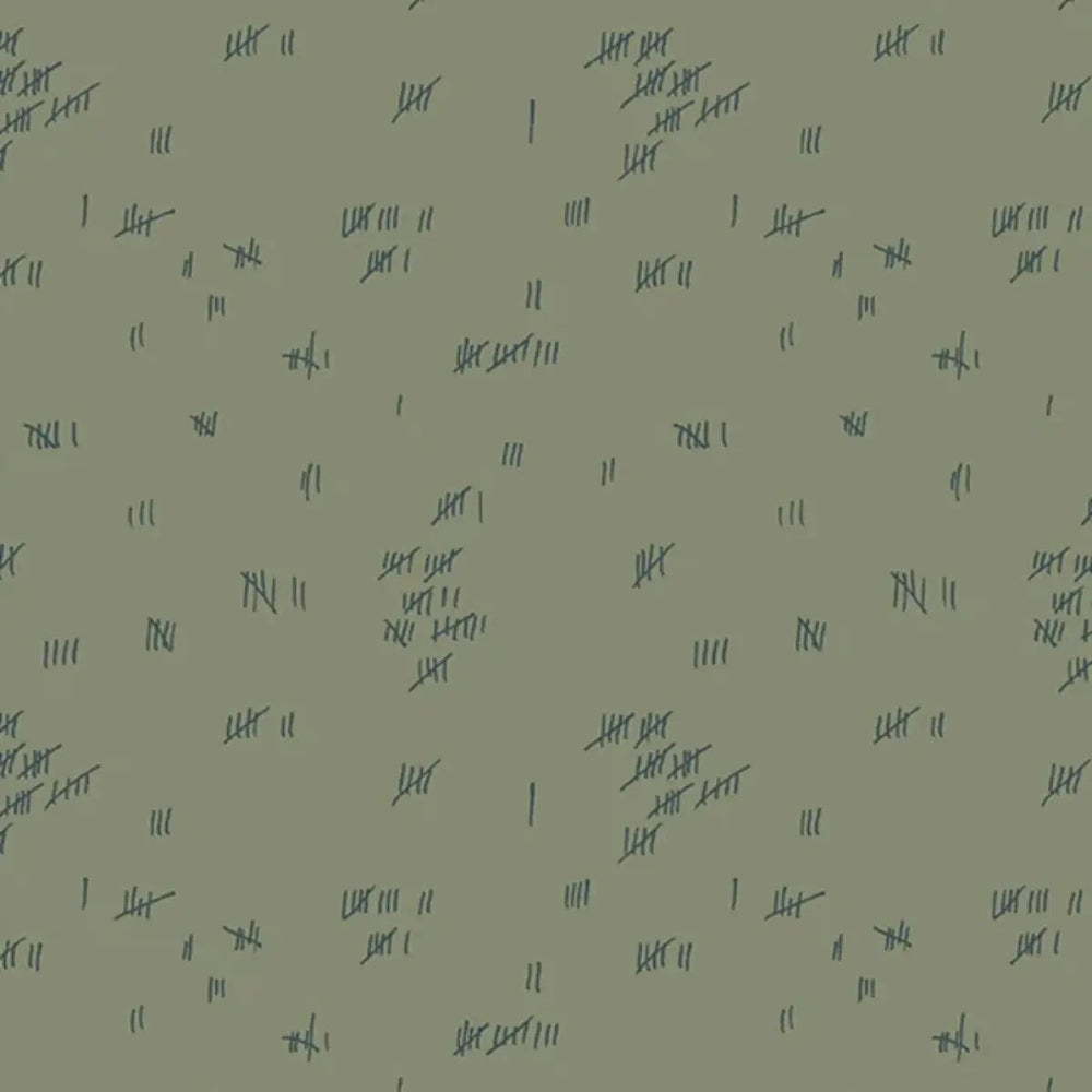 Tally Murk quilting cotton fabric by Giucy Giuce featuring scattered dark tally marks on a muted green-gray background.