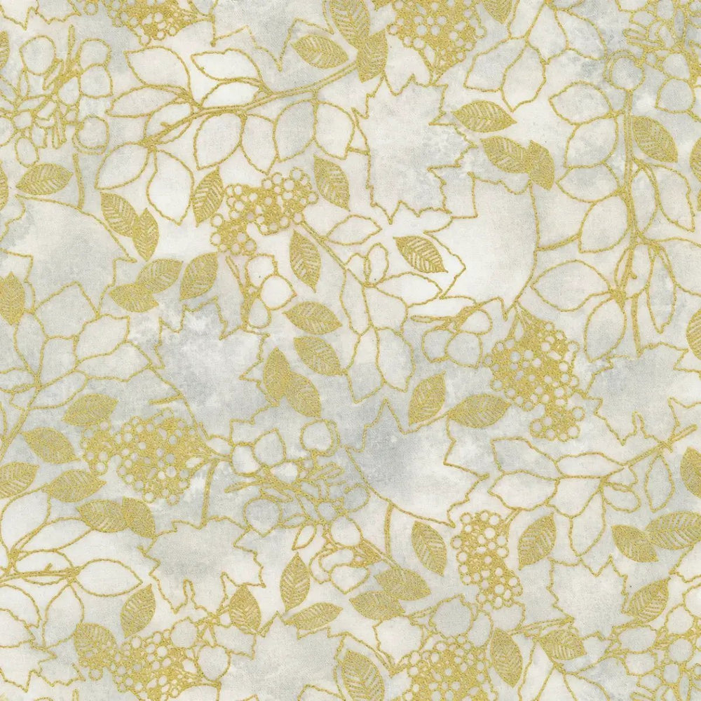 Warm Welcome Leaves Stone quilting fabric with subtle foliage motifs and metallic accents by Lynnea Washburn for Robert Kaufman Fabrics
