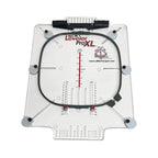 All in 1 Hooper Pro Starter Kit hooping aid on a white acrylic base with a black circular hoop and measurement scales by Tex Inc