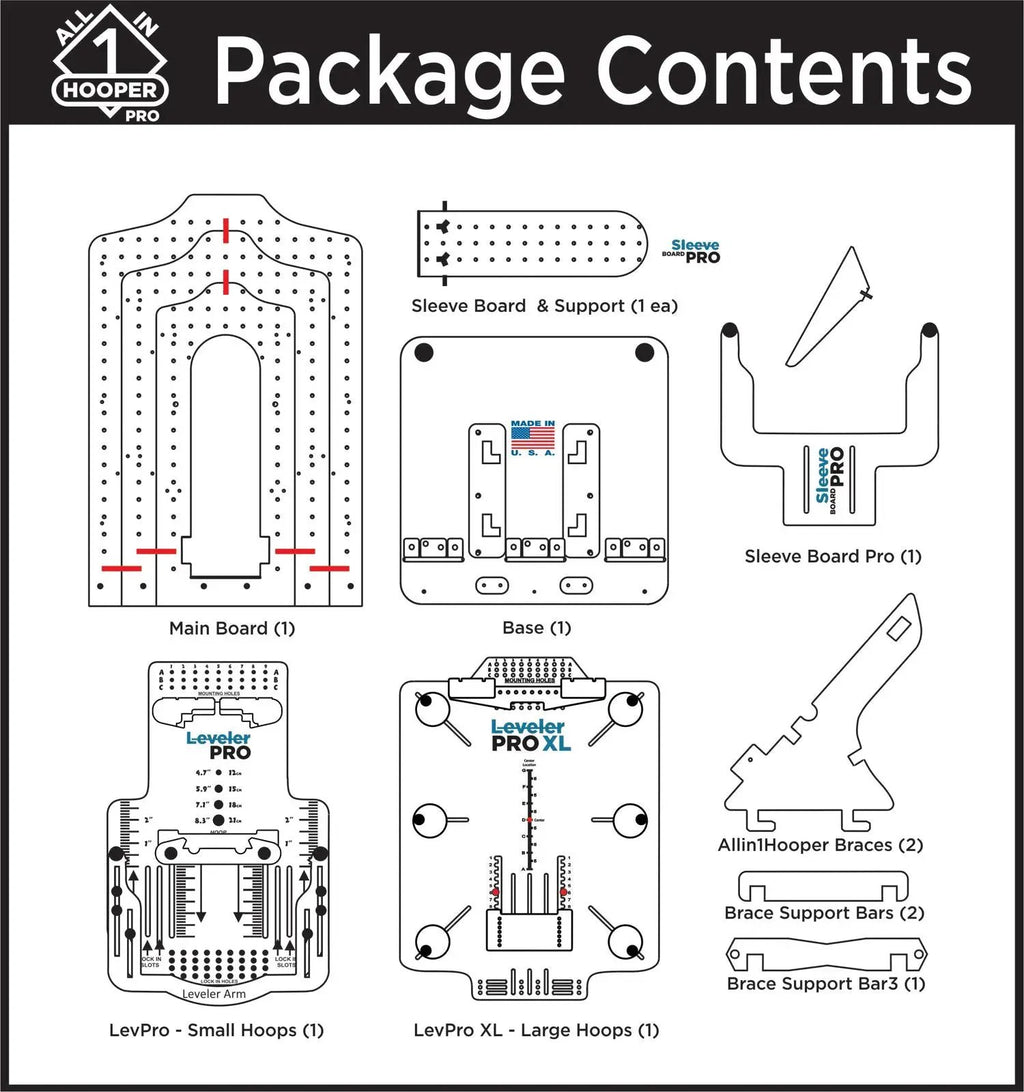 All in 1 Hooper Pro Starter Kit contents diagram showing main board, base, sleeve board Pro, braces, and hoops