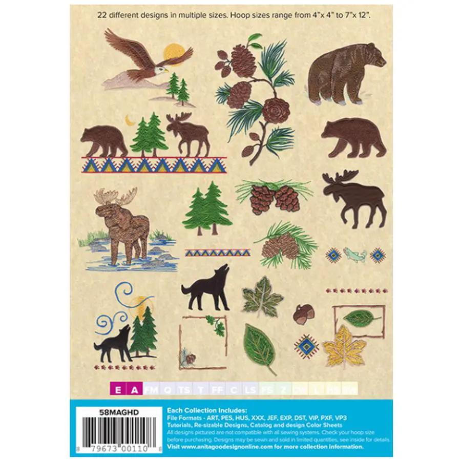 Anita Goodesign Northwoods embroidery design collection, 32 forest motifs including trees, bears, moose and pinecones