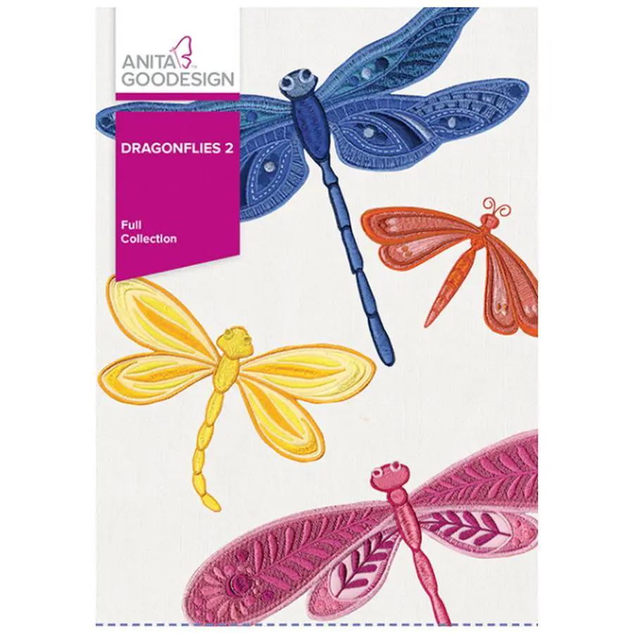 Anita Goodesign Dragonflies 2 design pack embroidery designs; four colorful dragonflies in blue, yellow, orange and pink