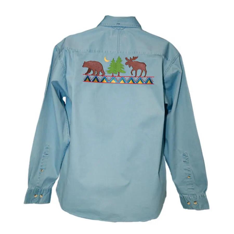 Shirt featuring Anita Goodesign Northwoods embroidery on back; light blue long-sleeve with bears and trees motif