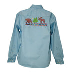 Shirt featuring Anita Goodesign Northwoods embroidery on back; light blue long-sleeve with bears and trees motif
