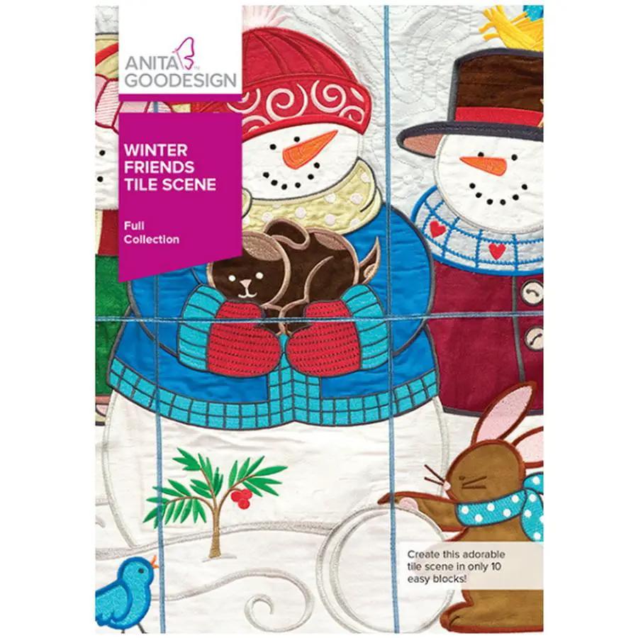 Winter Friends Tile Scene embroidery design software by Anita Goodesign, cover shows colorful snowmen