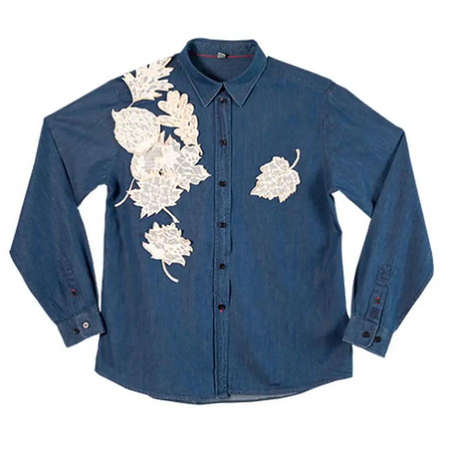 Anita Goodesign Vintage Free Standing Leaves embroidery design on blue denim shirt