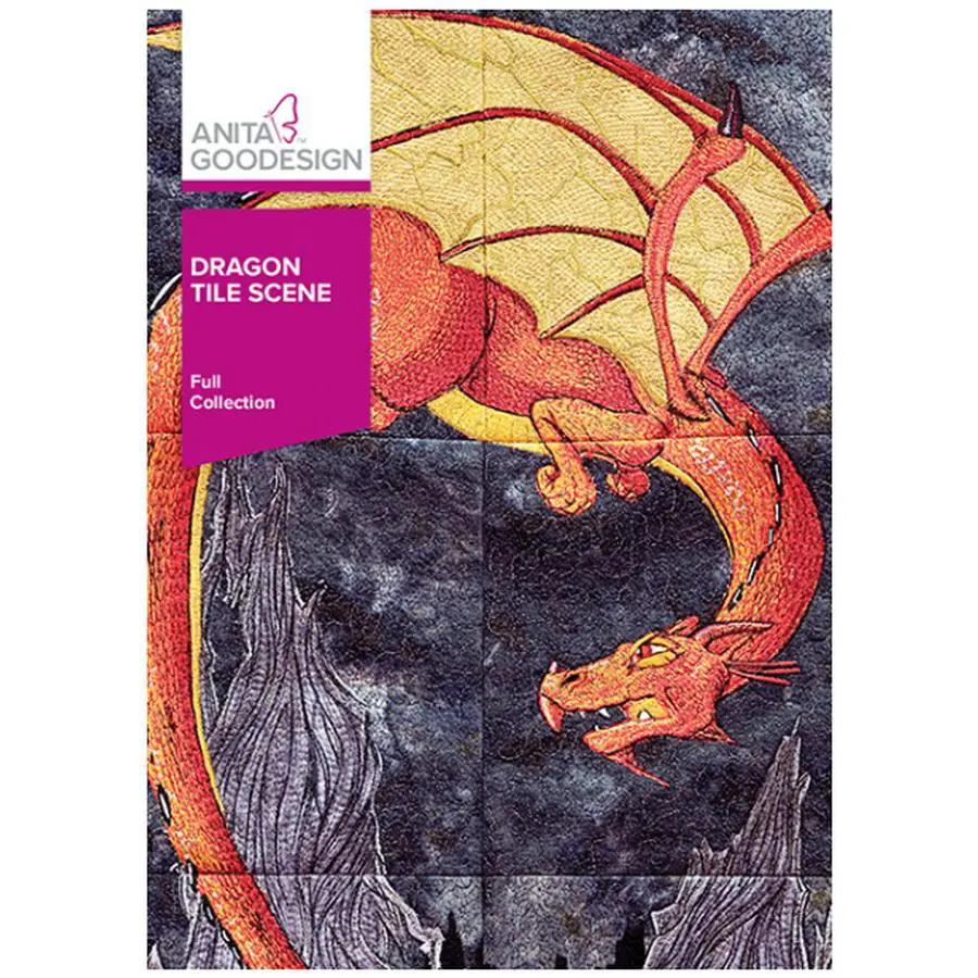 Anita Goodesign Dragon Tile Scene embroidery design package; orange dragon on dark tiled background