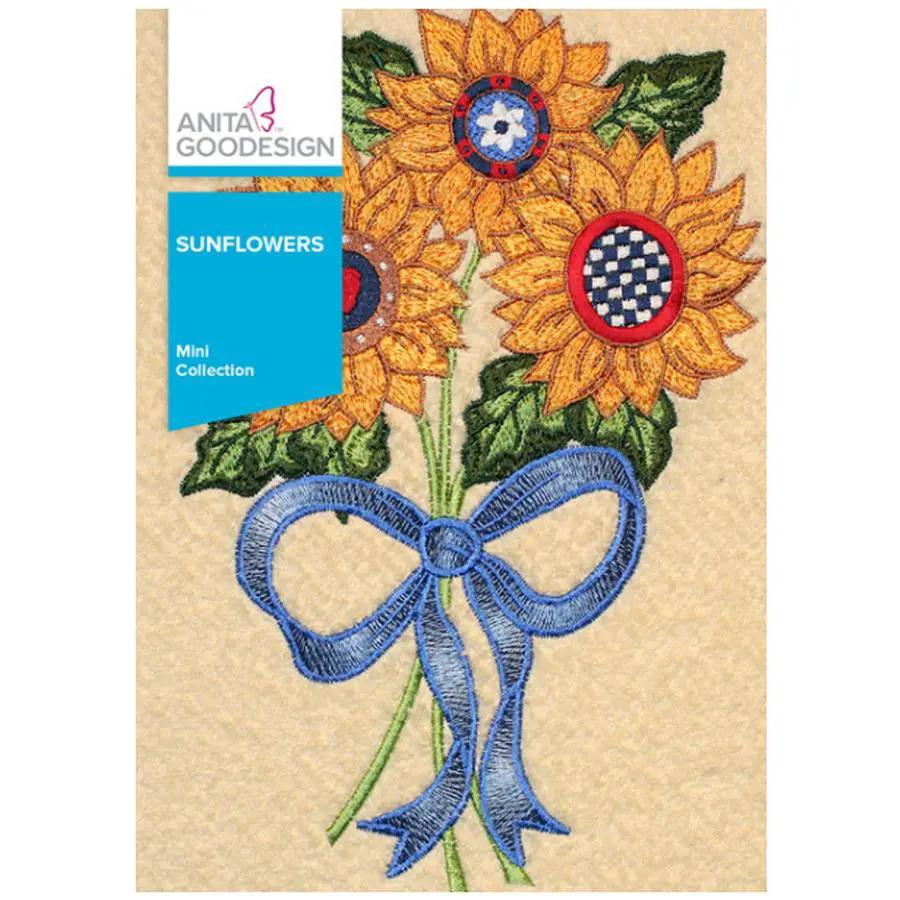 Anita Goodesign Sunflowers Mini Collection embroidery design; sunflowers with blue ribbon on beige background