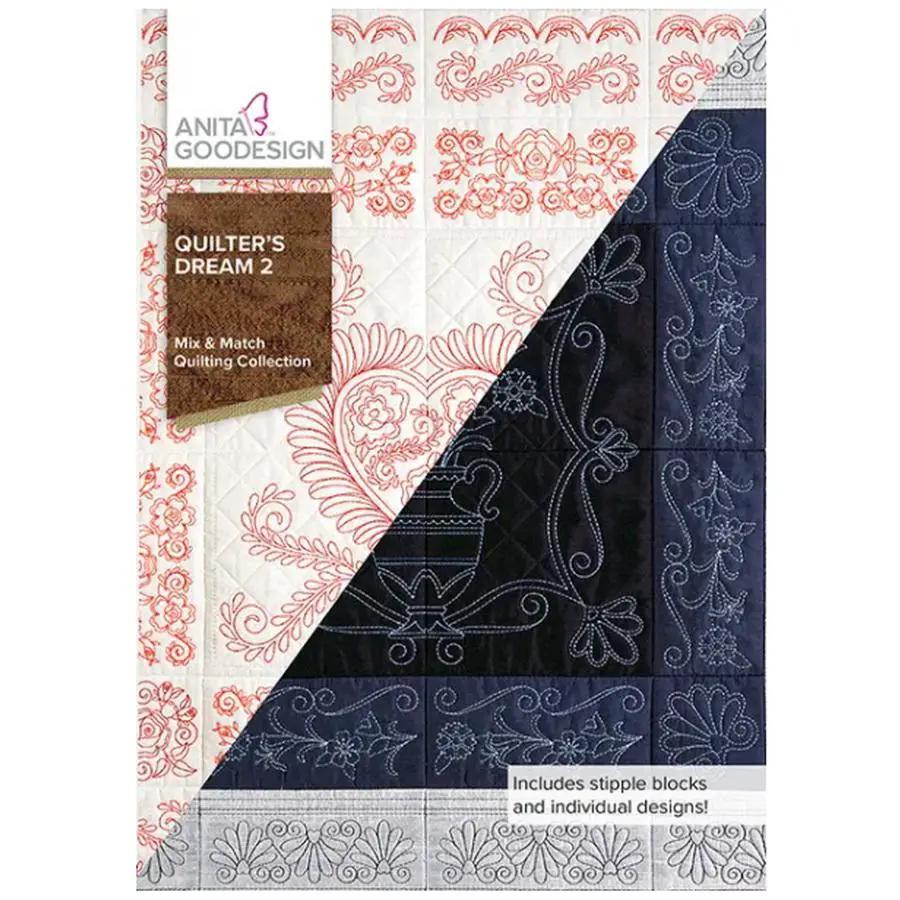 Anita Goodesign Quilter’s Dream 2 embroidery design collection quilt patterns in pink on white and navy blocks.