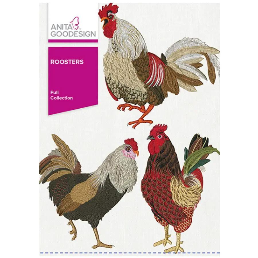Embroidery design pack by Anita Goodesign: Roosters, 157AGHD, featuring three colorful rooster designs