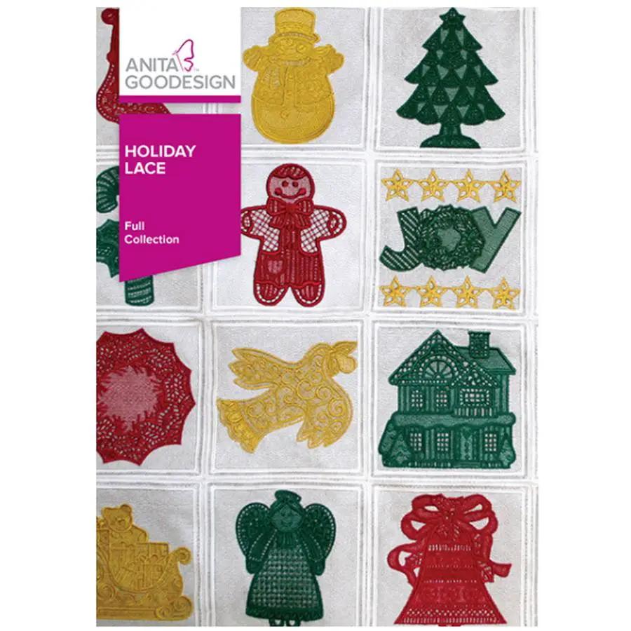 Anita Goodesign Holiday Lace 36AGHD embroidery software with full collection of holiday lace designs in red/gold/green.