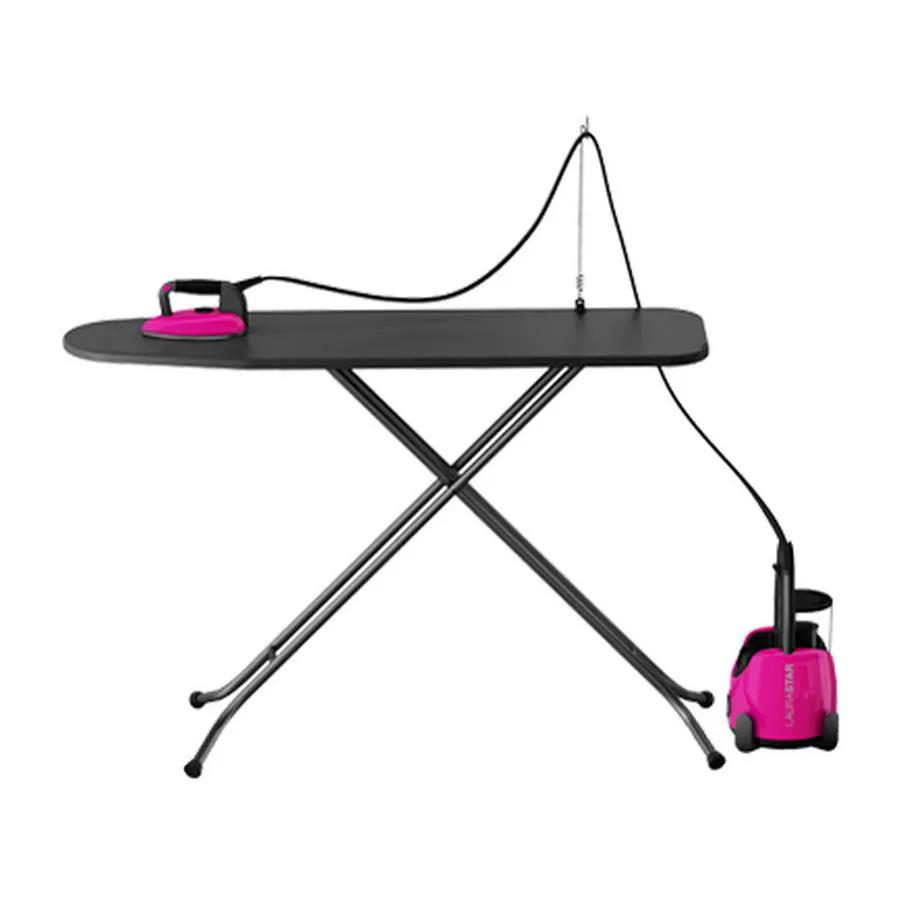 Laurastar Lift Plus Iron with pink accents and pink base unit on a black ironing board