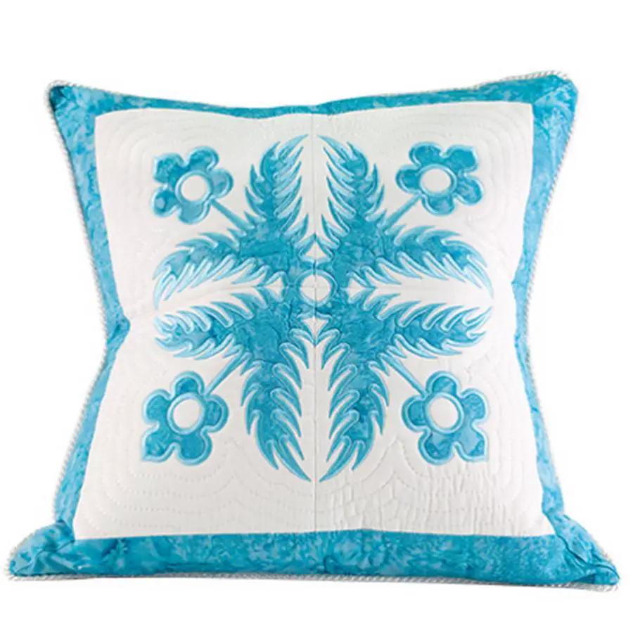 Anita Goodesign Hawaiian Quilt mini collection pillow, white quilt with turquoise palm-leaf cross design and blue border