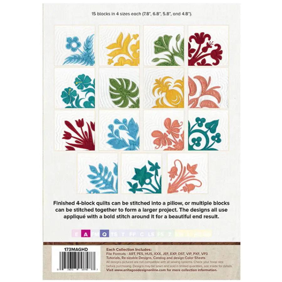 Embroidery designs: Anita Goodesign Hawaiian Quilt mini collection with 15 colorful blocks