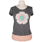 Anita Goodesign Blanket Stitch Animals 296AGHD sewing patterns on gray tee with a large colorful flower applique