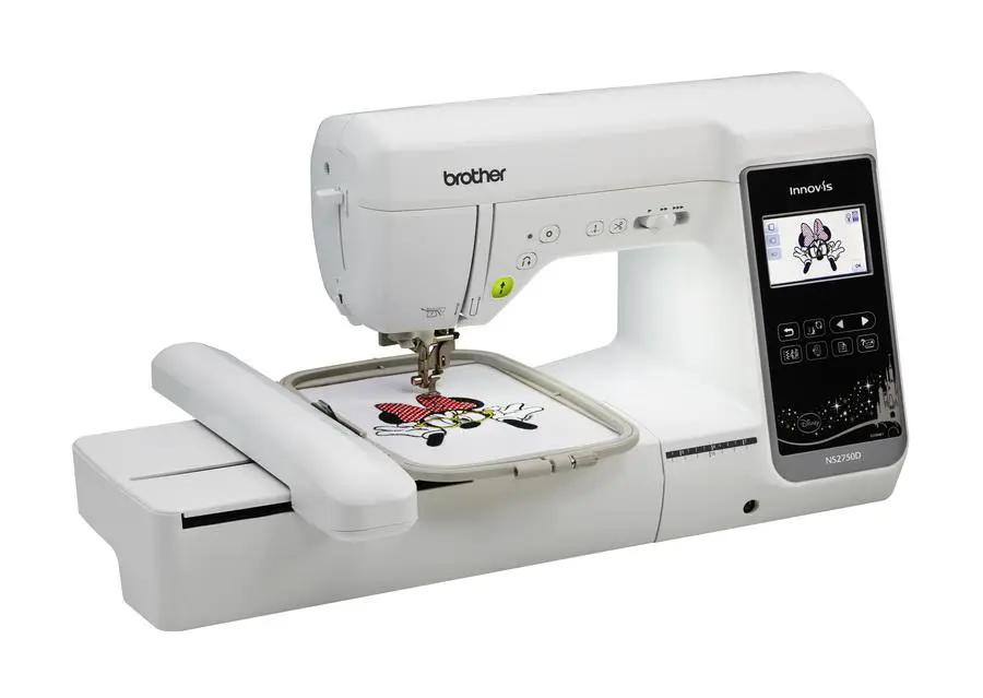 Brother Innov-is NS2750D sewing and embroidery machine in white with embroidery hoop featuring Minnie Mouse design