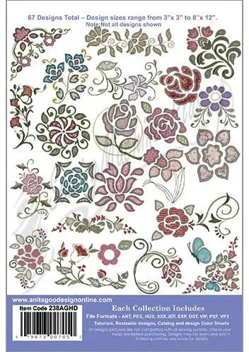 Anita Goodesign Reverse Applique embroidery design collection (238AGHD) featuring 67 colorful floral patterns.
