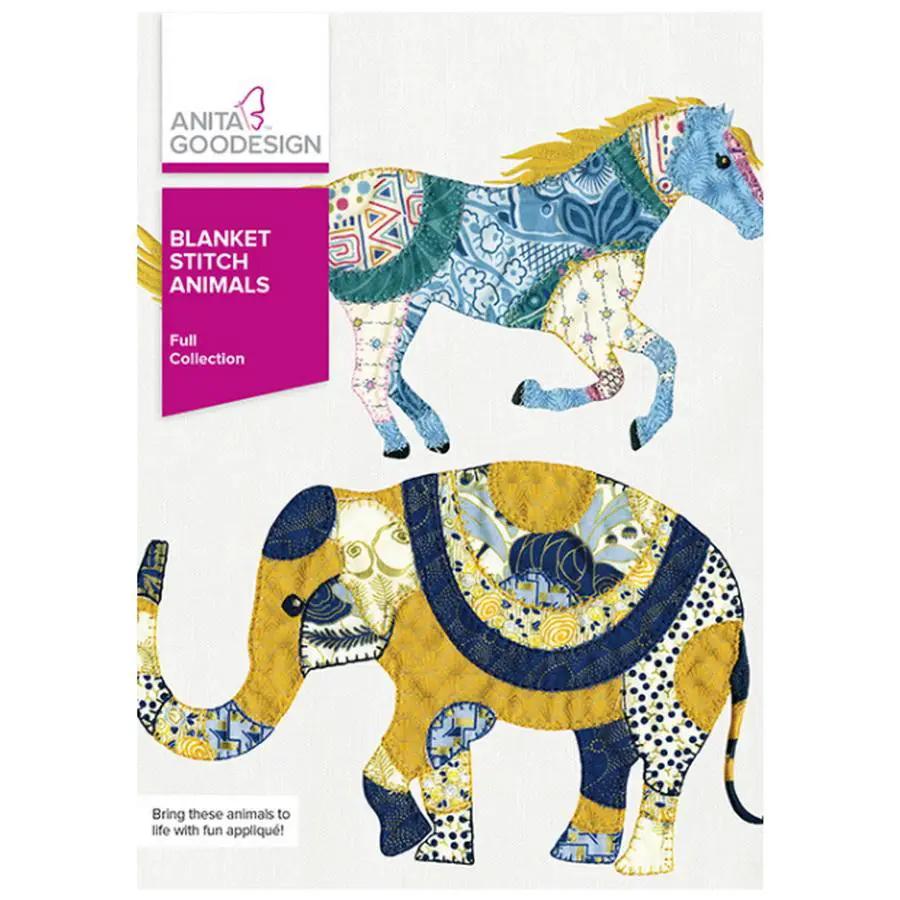 Anita Goodesign Blanket Stitch Animals sewing pattern cover; two patchwork animals in blue and gold.