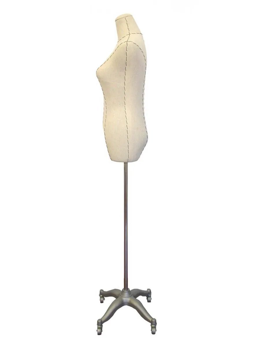 PGM-Pro 602G dress form mannequin, beige fabric cover with stitched seams, on a wheeled metal stand with casters
