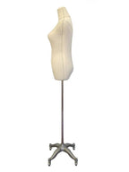 PGM-Pro 602G dress form mannequin, beige fabric cover with stitched seams, on a wheeled metal stand with casters