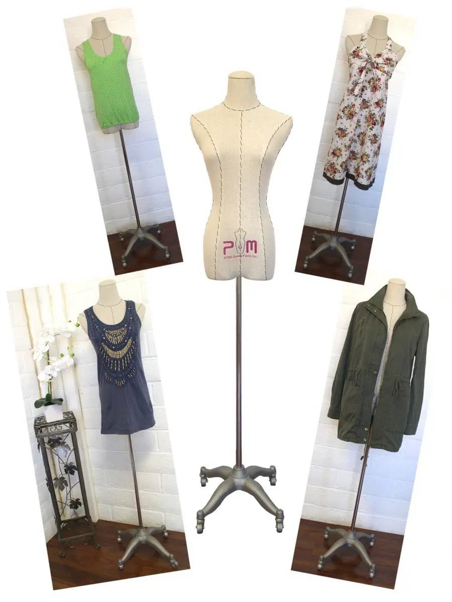 PGM Pro dress form mannequin set of 5 on wheeled stands with green top, floral dress, navy tunic, and olive jacket.