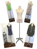 PGM Pro dress form mannequin set of 5 on wheeled stands with green top, floral dress, navy tunic, and olive jacket.