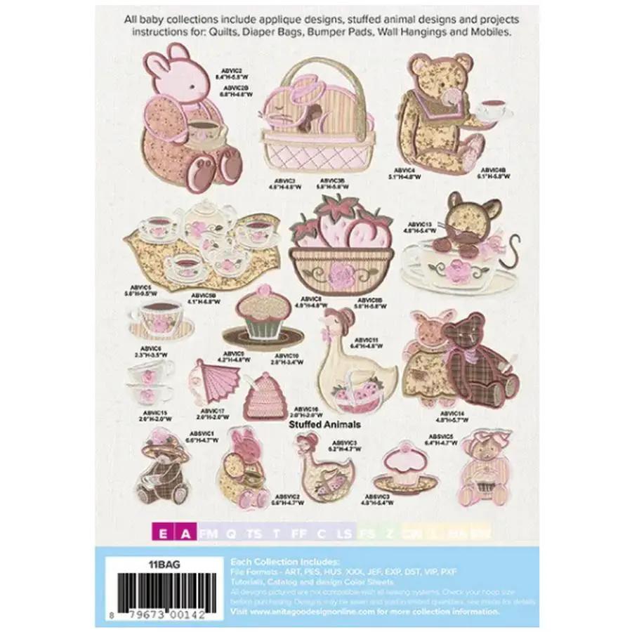 Embroidery design sheet Anita Goodesign: Baby Tea Party, 29 pastel animal and teaware motifs