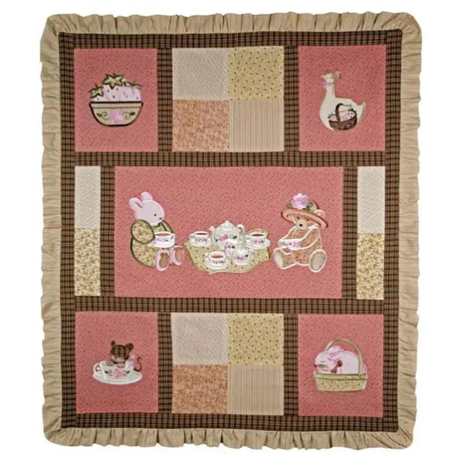 Anita Goodesign Baby Tea Party embroidery quilt panel in pink patchwork with bunny and teacup motifs