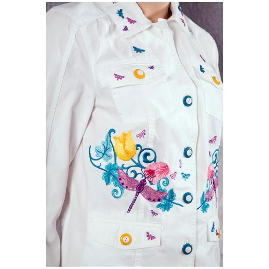 Anita Goodesign Dragonflies 2 embroidery design pack on white shirt featuring colorful dragonfly and floral embroidery