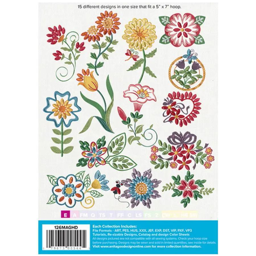 Anita Goodesign Fringe Flowers embroidery design set, 15 colorful floral designs for 5x7 hoop