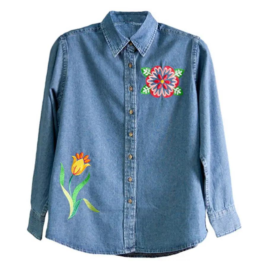 Anita Goodesign Fringe Flowers 126MAGHD embroidery design on blue denim shirt with colorful floral embroidery and tulip accent