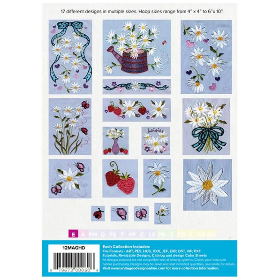 Anita Goodesign Daisies 12MAGHD embroidery design collection with 17 daisy designs in multiple hoop sizes (4x4 to 6x10).