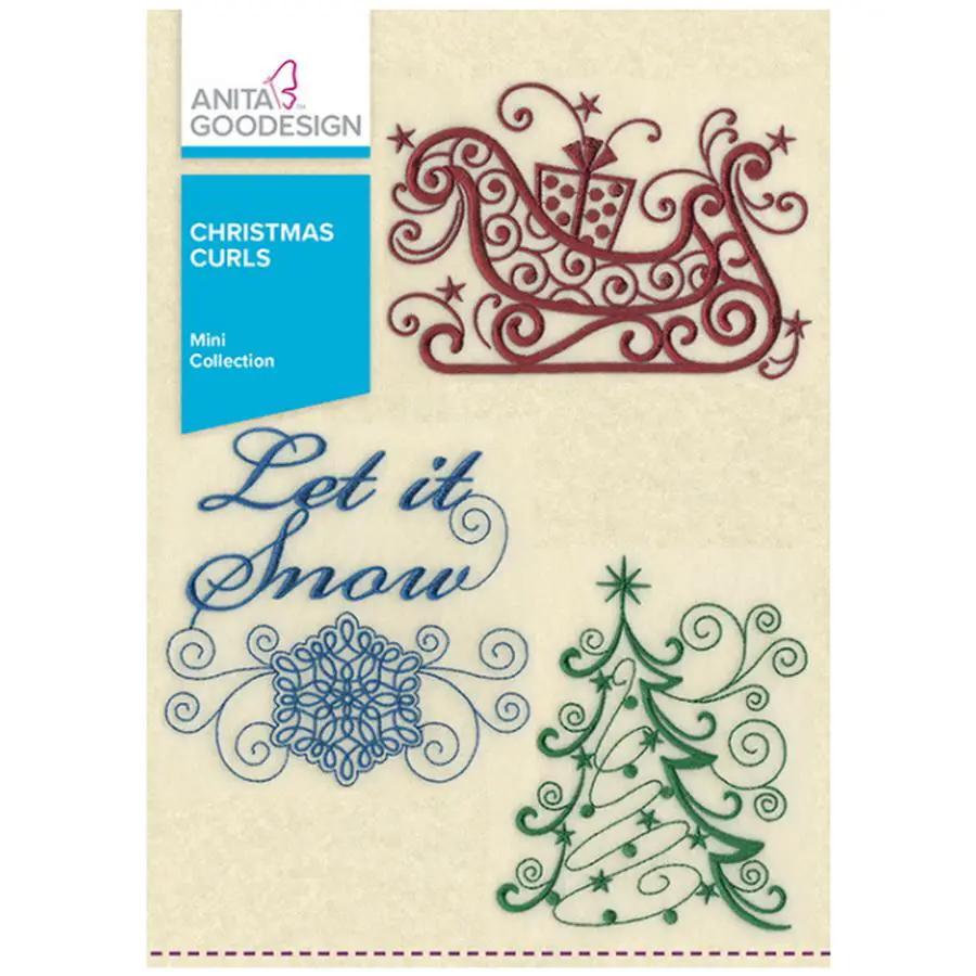 Anita Goodesign Christmas Curls embroidery design set; 3 motifs: red sleigh curls, Let it Snow, green Christmas tree