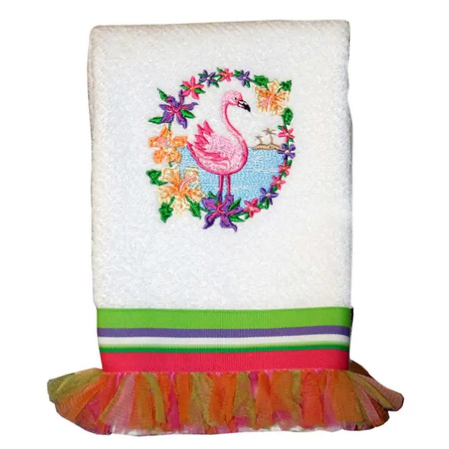 Anita Goodesign Flamingo Beach embroidery design on white towel with colorful border
