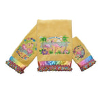 Anita Goodesign Flamingo Beach embroidery towel set of three yellow towels with rainbow fringe