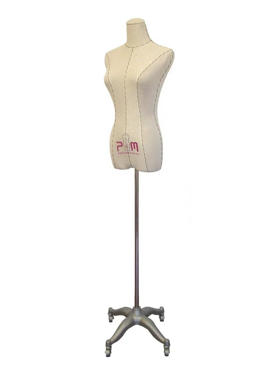 Dress form mannequin by PGM Pro 602G, unique lined beige fabric on metal stand