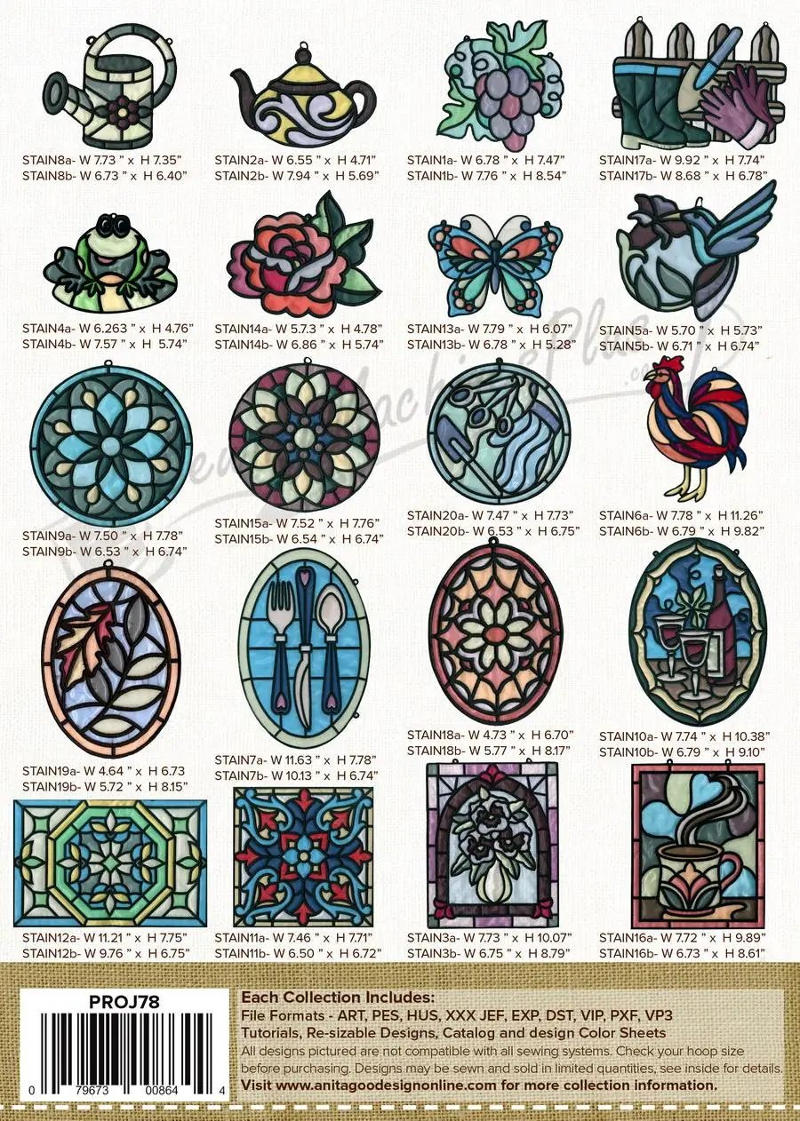 Anita Goodesign Sun Catchers embroidery designs collection, Proj78, stained-glass style motifs.