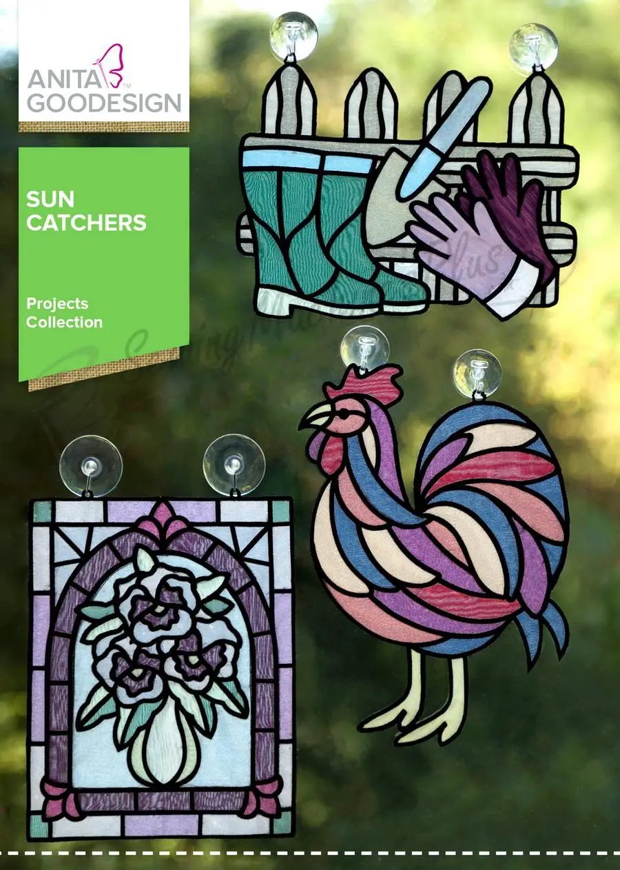 Anita Goodesign Sun Catchers embroidery; three colorful stained-glass motifs: rooster, floral window panel, boot