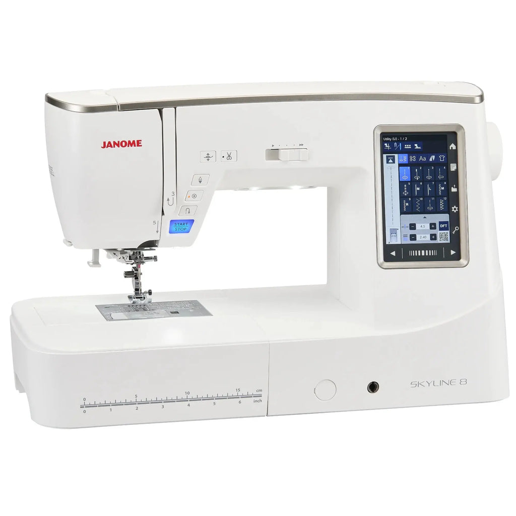 Janome Skyline 8 computerized sewing and quilting machine in white with touchscreen display