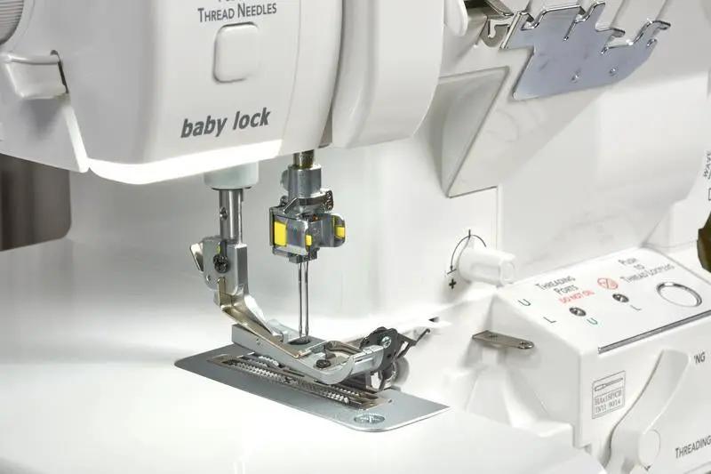 Baby Lock Serenity 4-Thread Serger sewing machine, white unit with exposed thread guides.