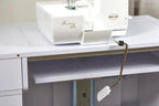 Baby Lock Serenity 4-Thread Serger sewing machine on white table with foot pedal.