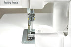 Baby Lock Serenity 4-Thread Serger sewing machine; brand logo visible, close-up of needle and presser foot.